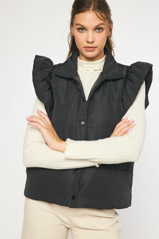The Ruffle Edge Puffer Vest 
-Black
