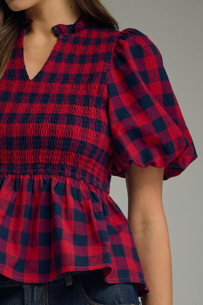 The Hadley Plaid Smocked Peplum Top