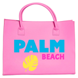 Pink tote bag with blue 'Palm Beach' text and yellow palm leaf graphic