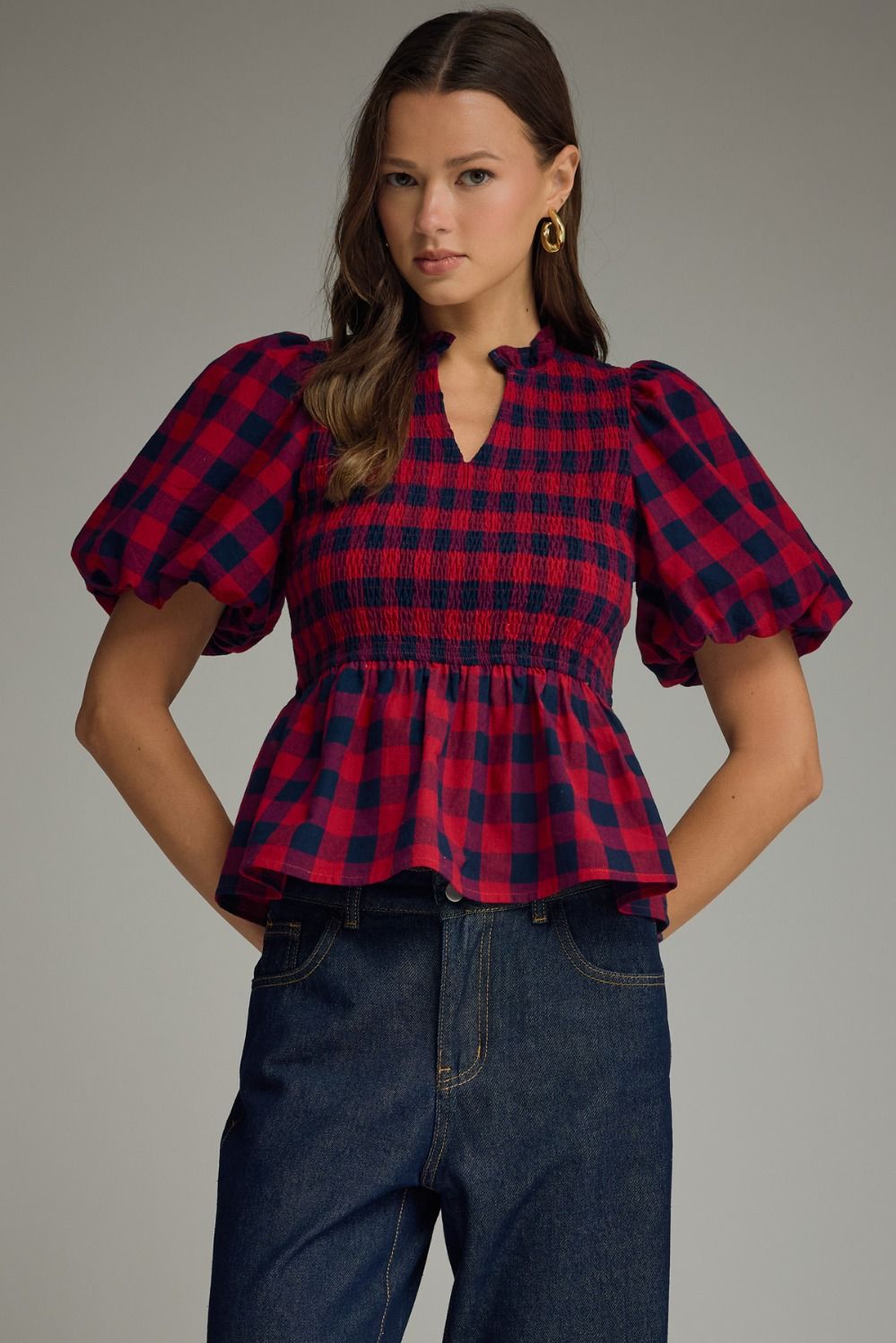 The Hadley Plaid Smocked Peplum Top