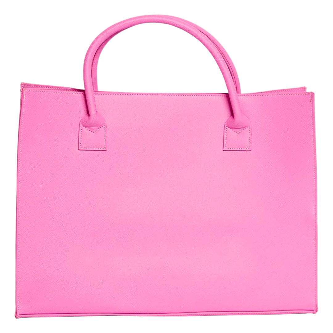 Pink faux leather tote bag with double handles, women's fashion handbag accessory