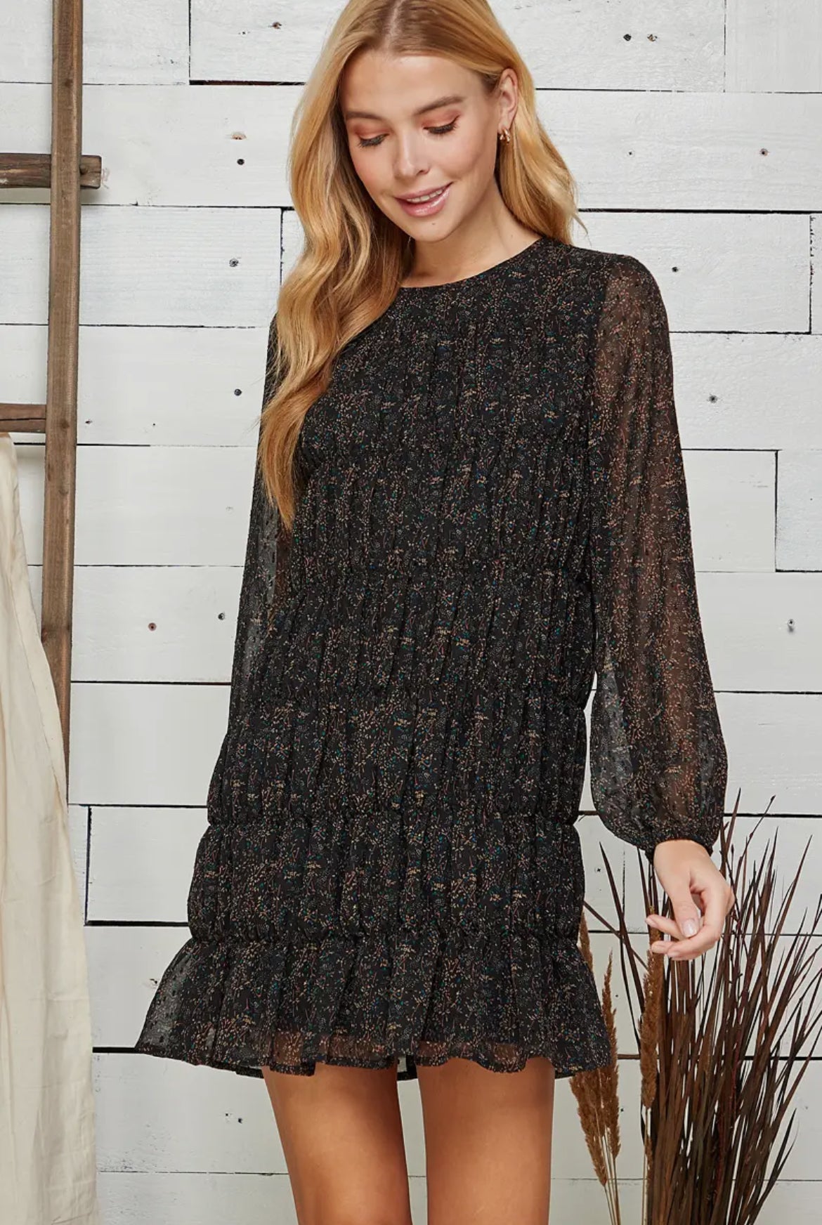 Black Ditsy Print Tiered Mini Dress - Milo & Lily Boutique