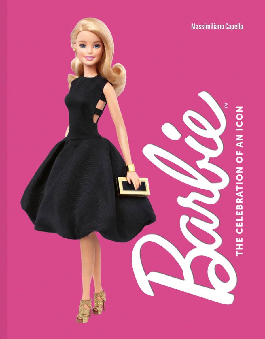 Barbie doll in a black dress on a pink background with 'Barbie' branding.