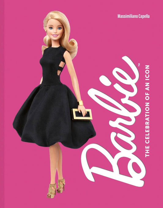 Barbie doll in a black dress on a pink background with 'Barbie' branding.