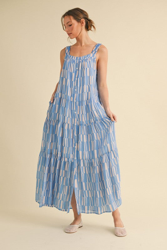 blue and white color block button down sundress lightweight sleeveless maxi