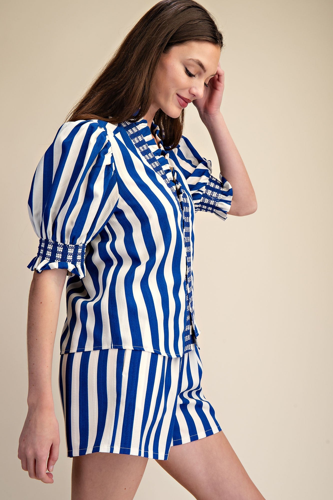 Blue & White Striped Two Piece Short Set for Women | Puff Sleeve Matching Summer Outfit - Milo & Lily Boutique