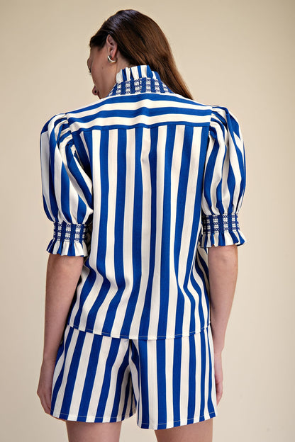 Blue & White Striped Two Piece Short Set for Women | Puff Sleeve Matching Summer Outfit - Milo & Lily Boutique