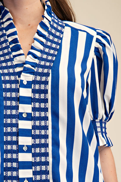 Blue & White Striped Two Piece Short Set for Women | Puff Sleeve Matching Summer Outfit - Milo & Lily Boutique