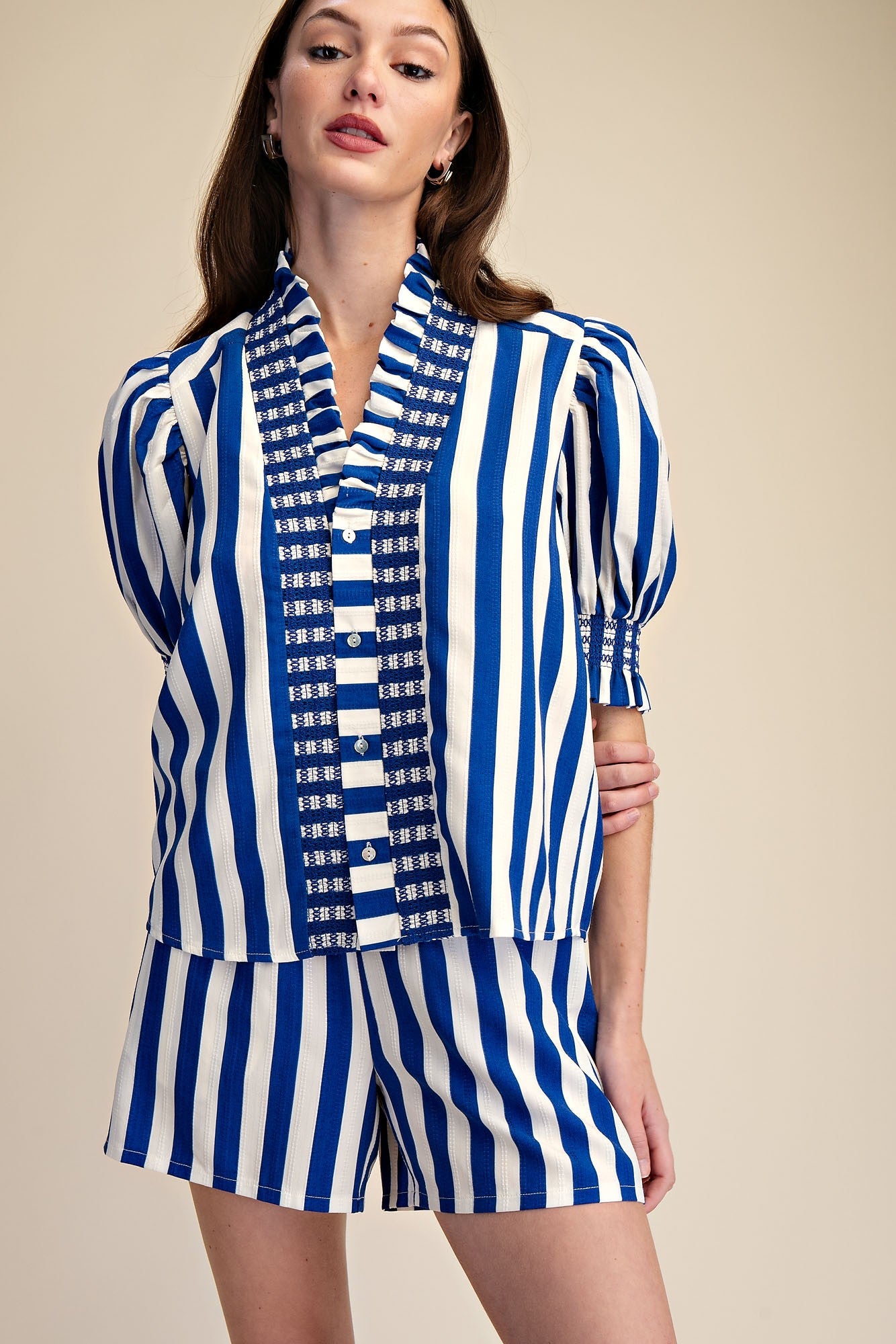 Blue & White Striped Two Piece Short Set for Women | Puff Sleeve Matching Summer Outfit - Milo & Lily Boutique