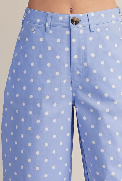 Close-up of a person wearing light blue pants with a white polka dot pattern, showing the waistband, belt loops, front button, and upper legs against a plain light beige background.