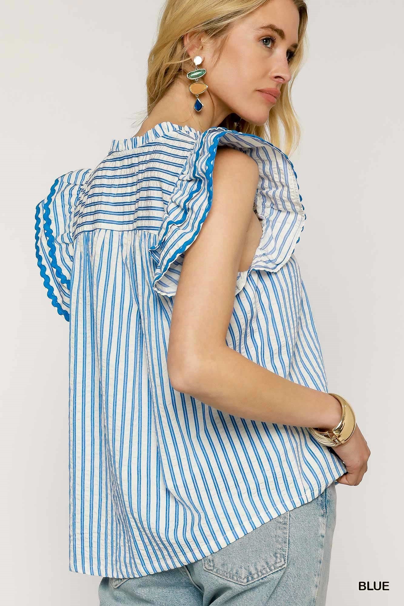 Blue Striped Smocked Flutter Sleeve Top