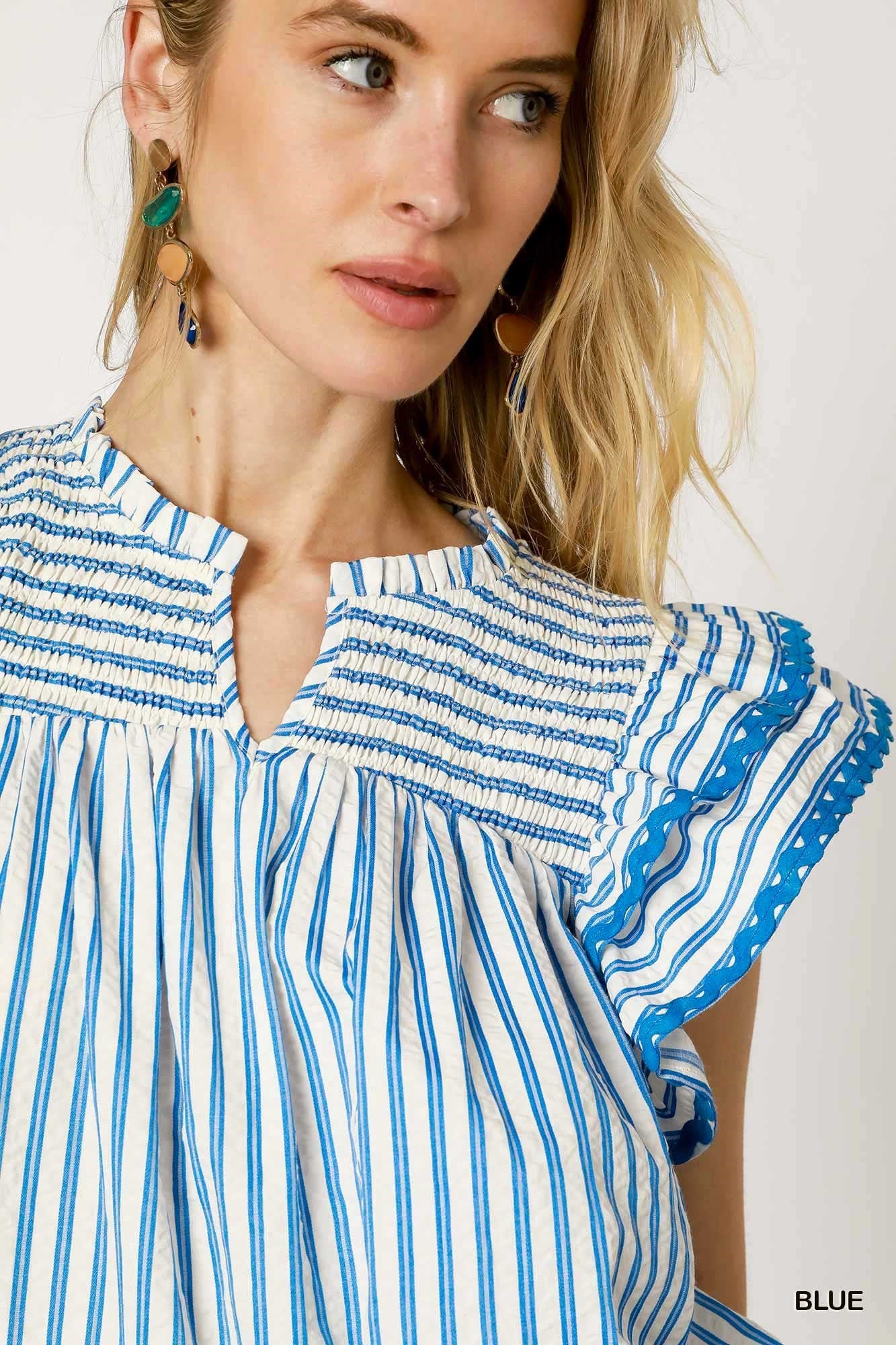 Blue Striped Smocked Flutter Sleeve Top