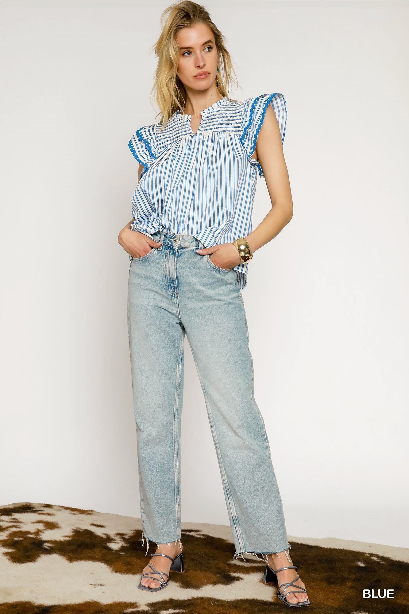 Blue Striped Smocked Flutter Sleeve Top