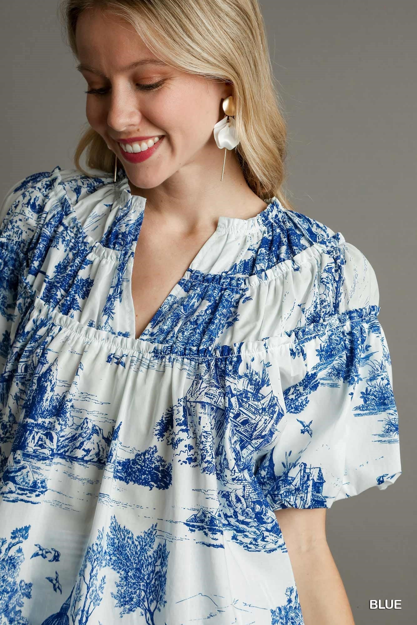 Timeless Elegance: Blue Toile Print Shirred Puff Sleeve Top