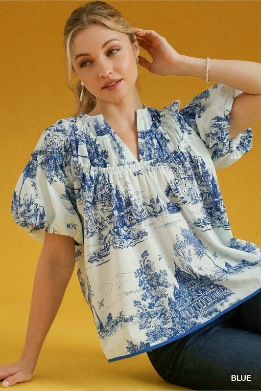 Timeless Elegance: Blue Toile Print Shirred Puff Sleeve Top