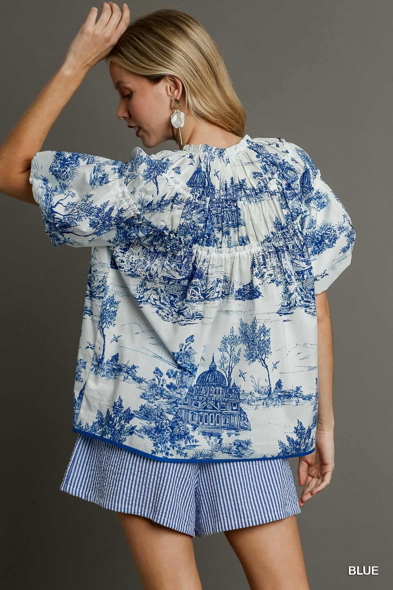Blue Toile Print Top with shirring details