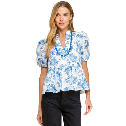 Blue and White Toile Print Puff Sleeve Blouse