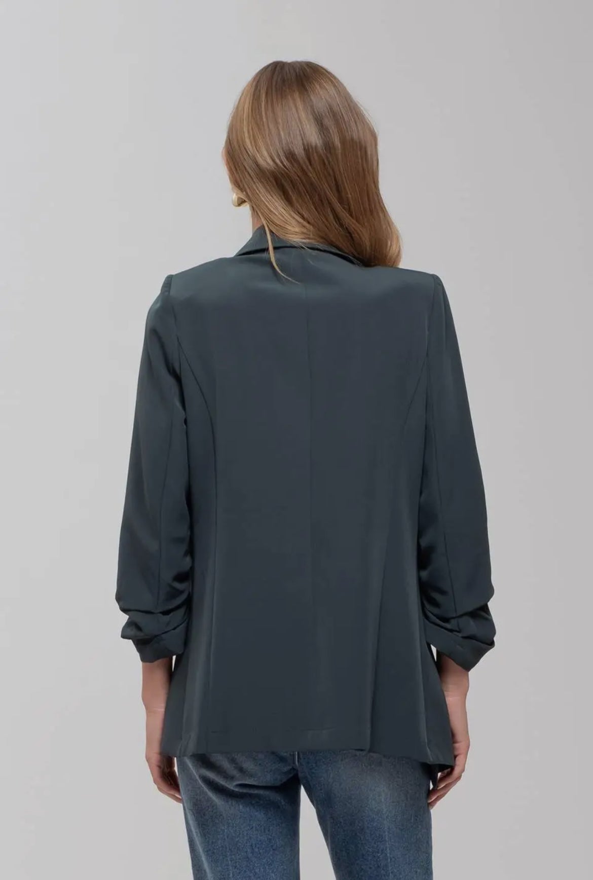 Hunter Green Ruched Sleeve Open Blazer