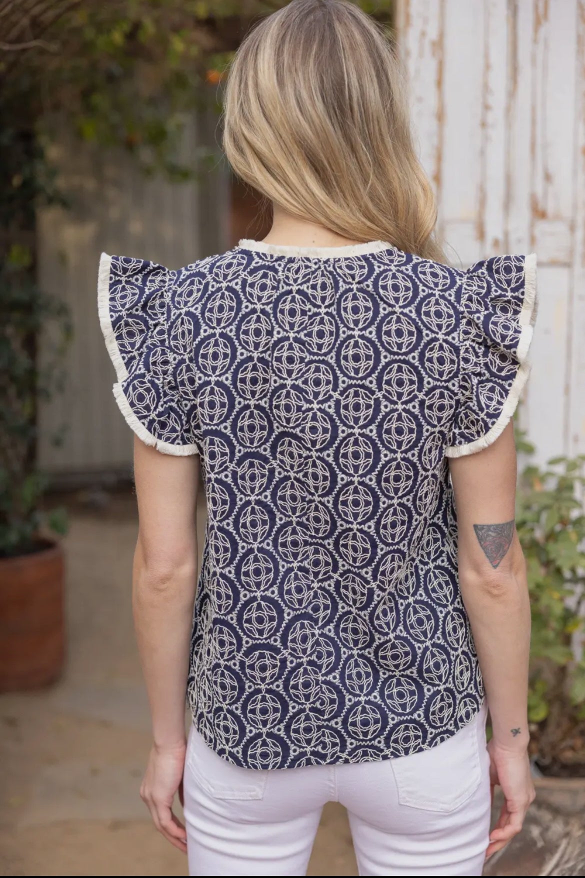 Navy and white embroidered tank with fringe sleeve