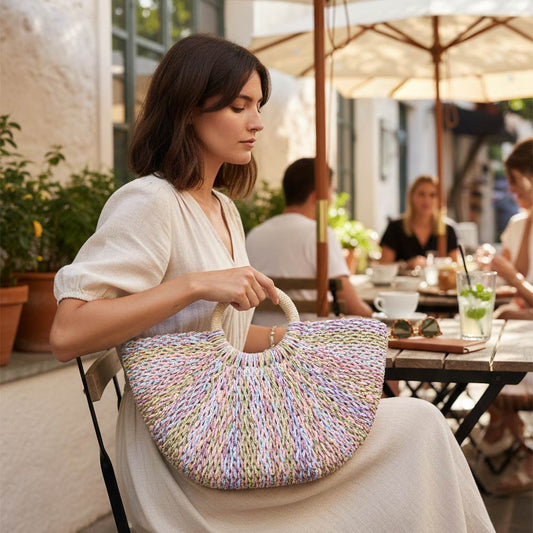Pastel Woven Straw Handbag | Colorful Raffia Top Handle Beach & Resort Tote
