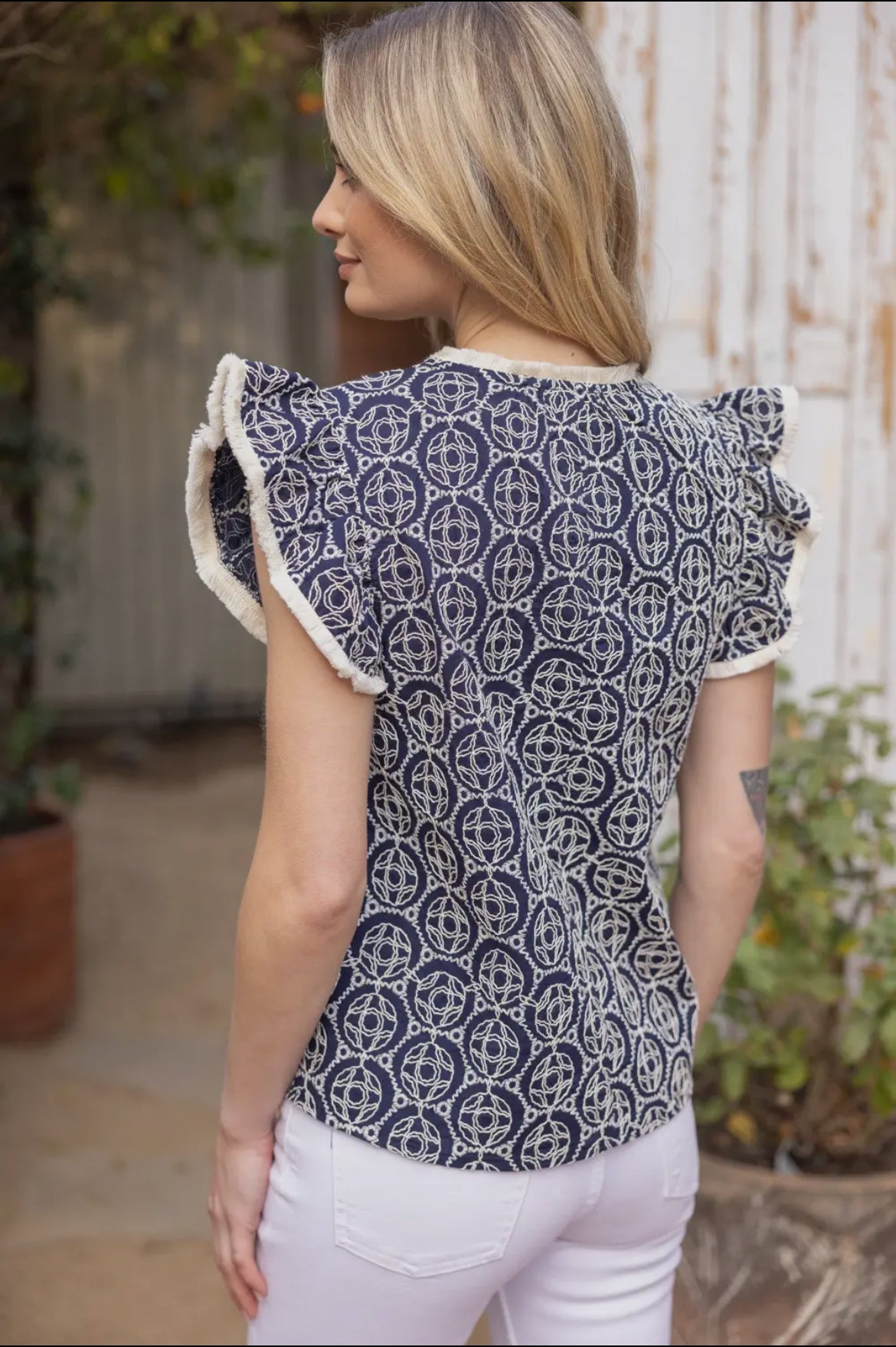 Navy and white embroidered tank with fringe sleeve