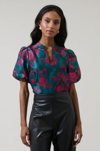 The Jewel Tone Floral Puff Sleeve Blouse