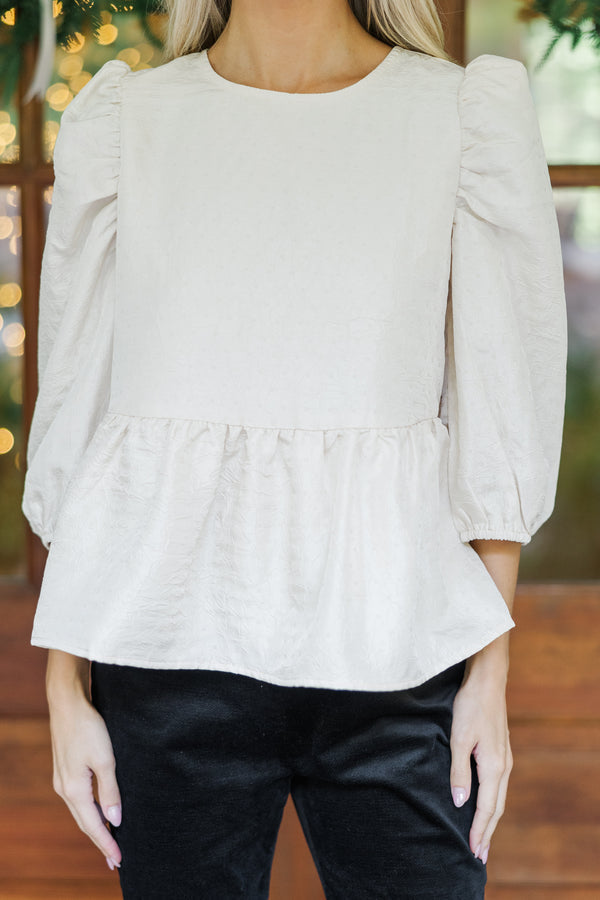 Hadley White Texture Puff Sleeve Peplum Blouse