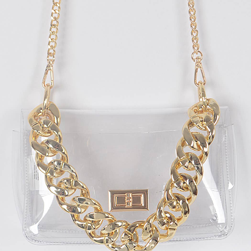 Gold chain necklace on a clear handbag with a white background