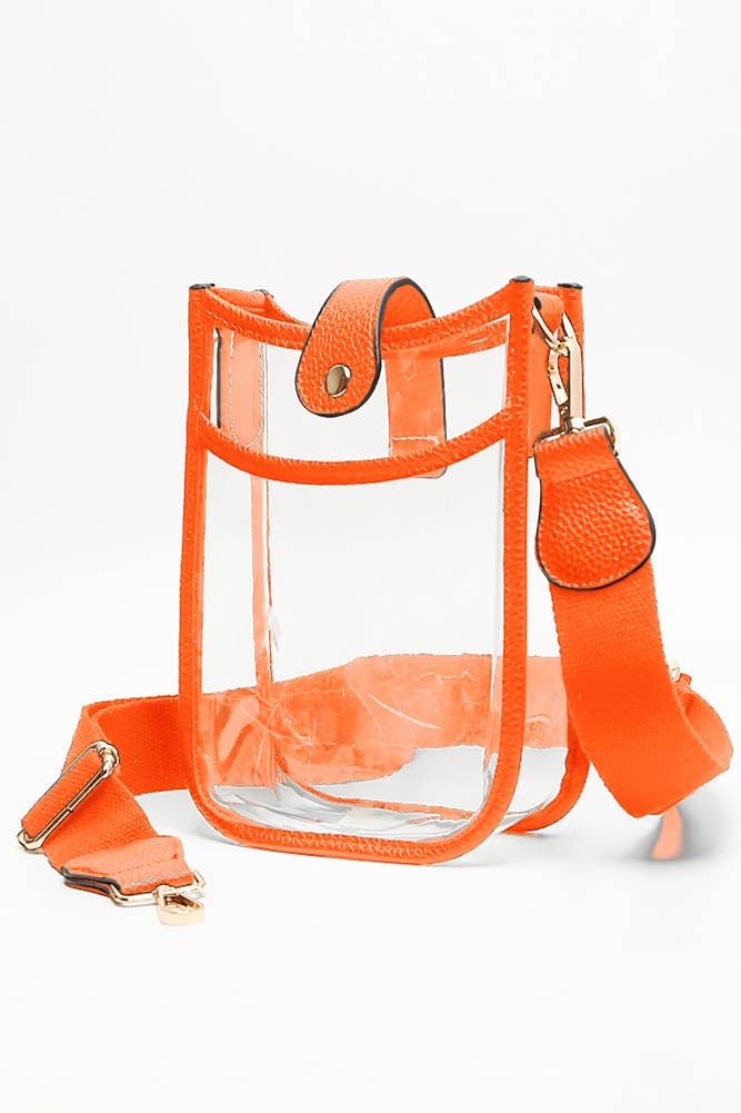 Clear bag with orange accents on a white background