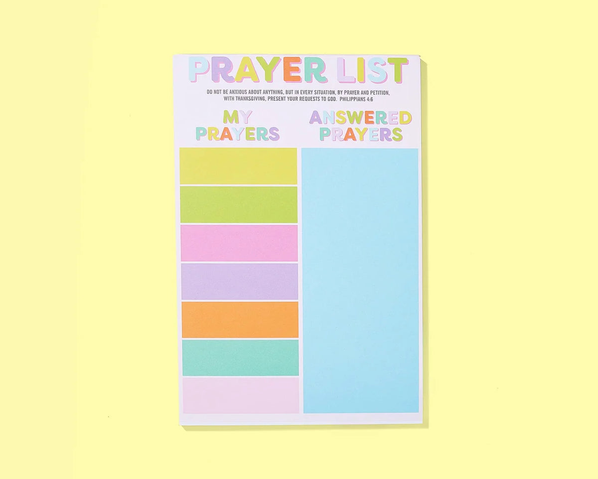Notepad with colorful sections titled 'My Prayers' and 'Answered Prayers' on a yellow background