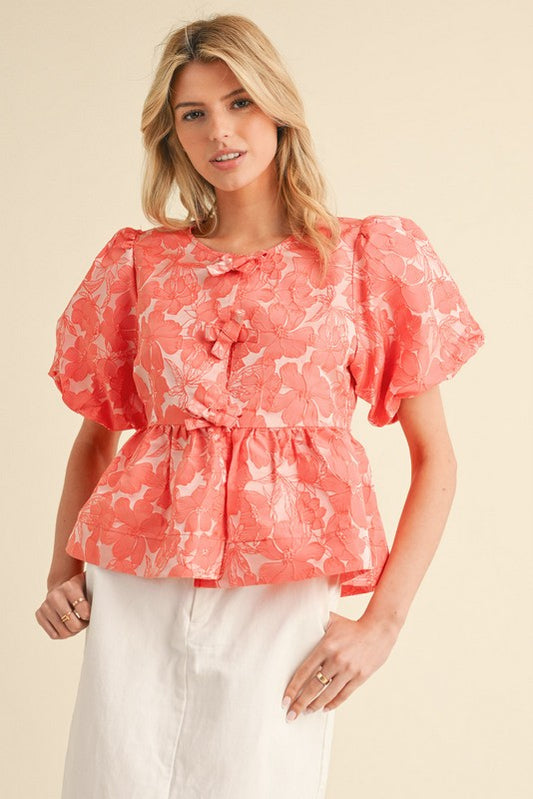 Coral Floral Embroidery Puff Sleeve Front Tie Peplum Blouse