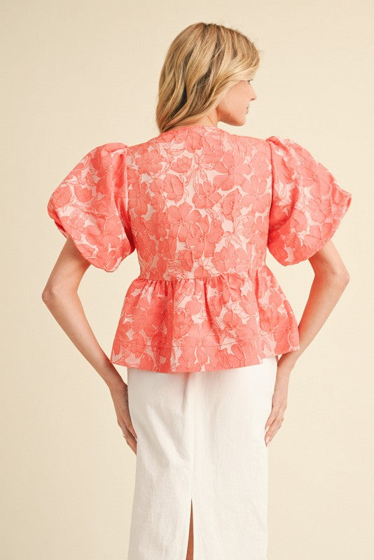 Coral Floral Embroidery Puff Sleeve Front Tie Peplum Blouse.jpg