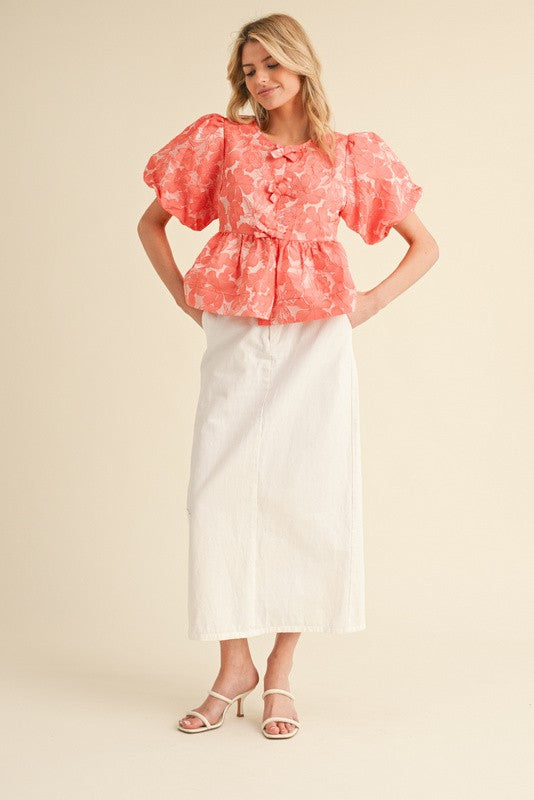 Coral Floral Embroidery Puff Sleeve Front Tie Peplum Blouse.jpg