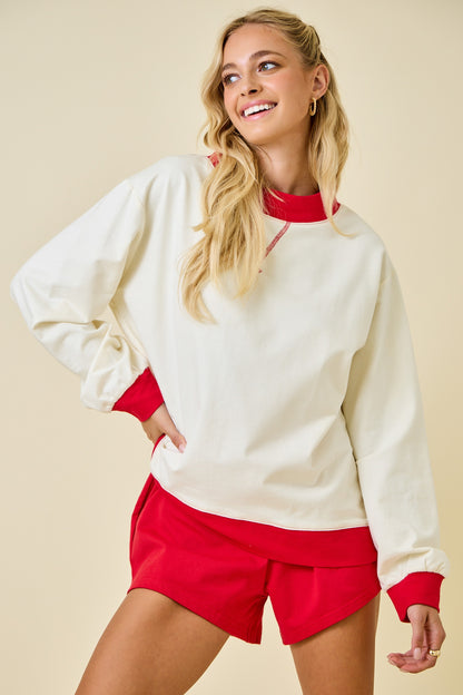 Crimson and Cream Mock Neck Sweatshirt - Milo & Lily Boutique