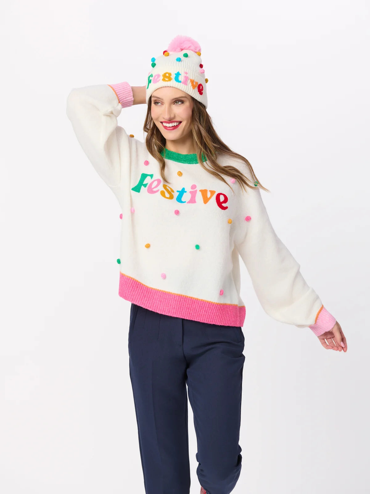 Shiraleah "Festive" Pom Pom Relaxed Sweater, Ivory