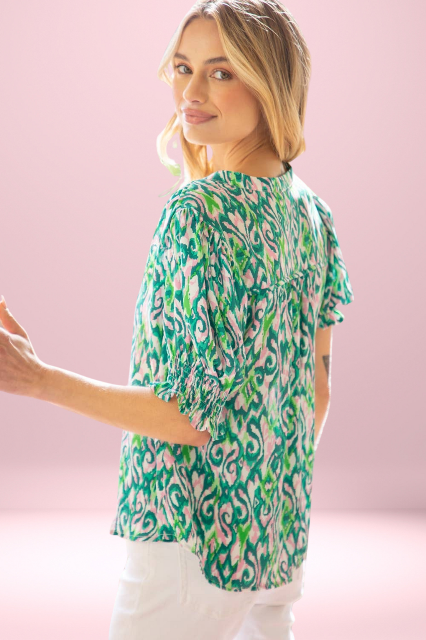 Green & Pink Smocked Puff Sleeve Pleat Front Print Top