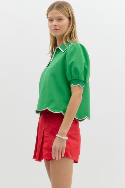 Green Collar Scallop Puff Sleeve Polo Top