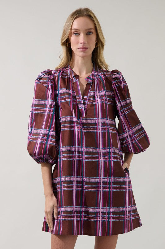 Victoria Shift Split Neck Mini Dress Plaid - Milo & Lily Boutique
