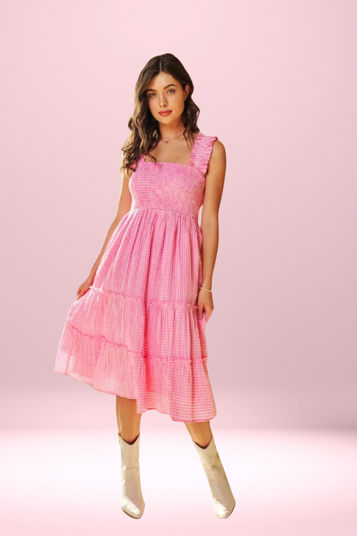 Pink Jacquard Checker Smocking Tiered Midi Dress