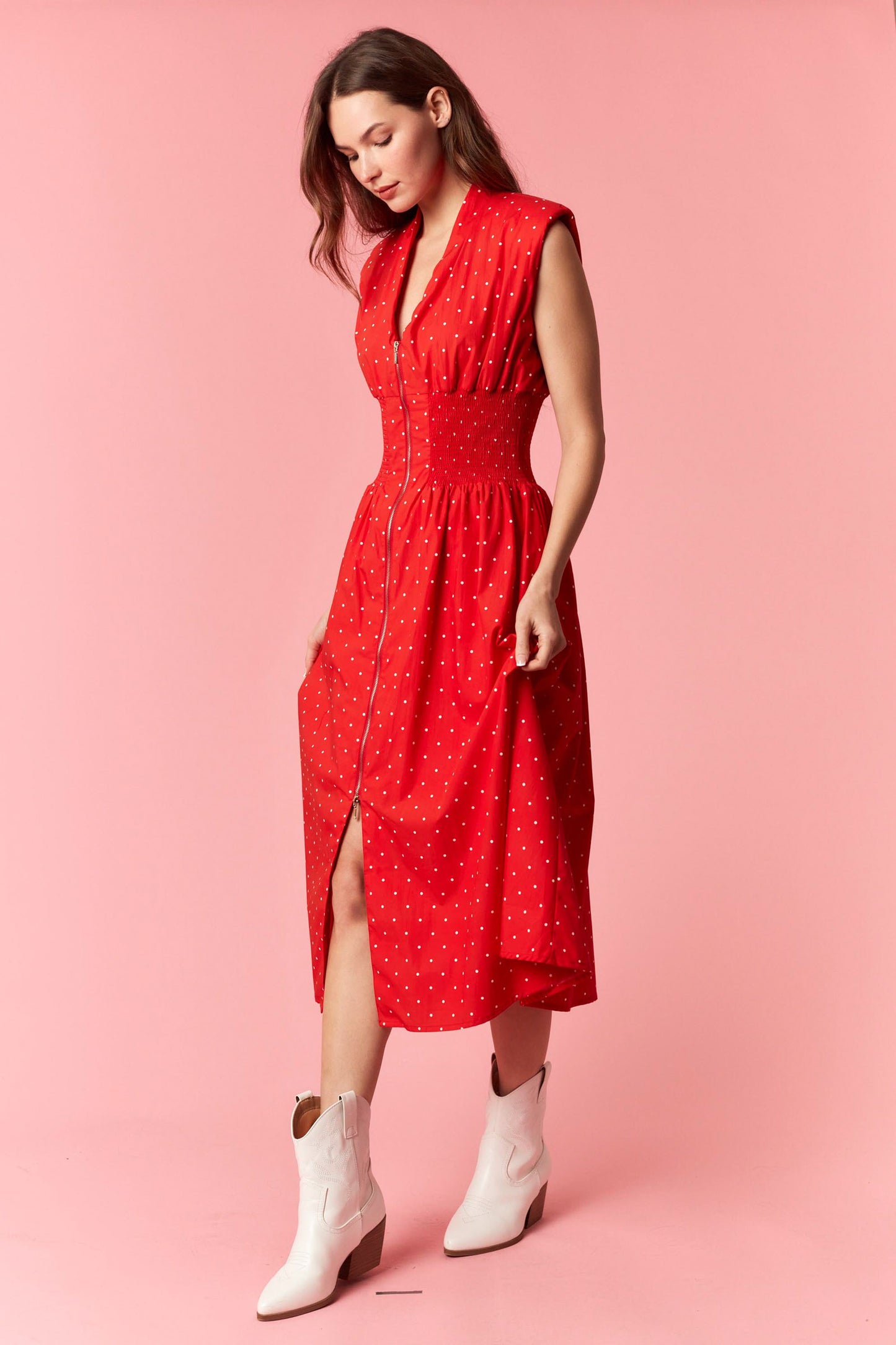 Red Polka Dot Smocked Waist Midi Front Zip Dress