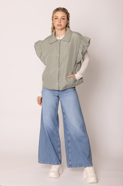 The Ruffle Edge Puffer Vest 
-Sage