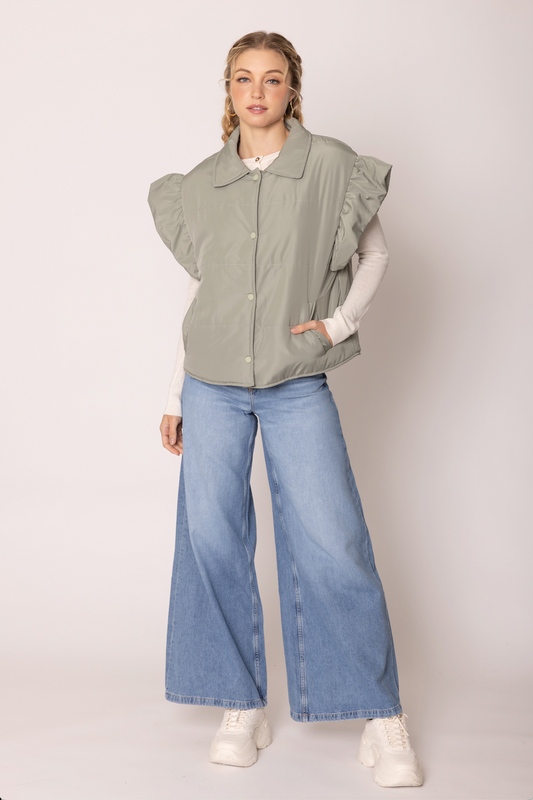 The Ruffle Edge Puffer Vest 
-Sage