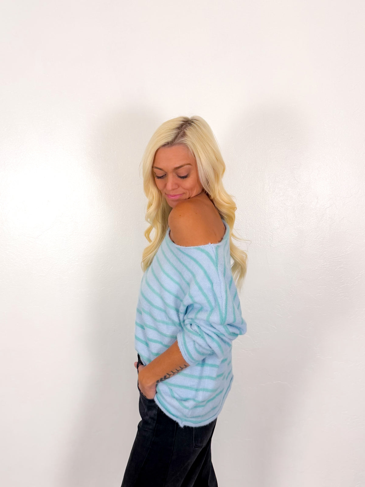Sea Glass Stripe Off Shoulder Sweater - Milo & Lily Boutique