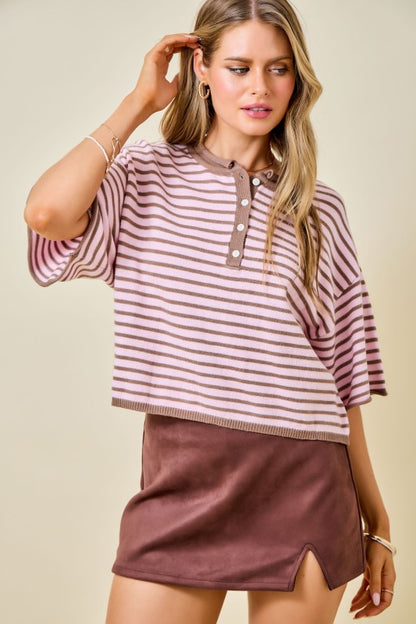 Pink & Brown Stripe Henley Sweater