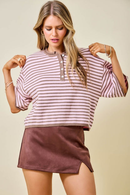Pink & Brown Stripe Henley Sweater