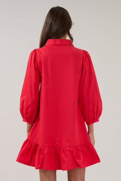 Ruby Red Button Down Long Sleeve Shift Dress