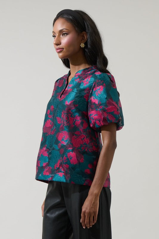 The Jewel Tone Floral Puff Sleeve Blouse