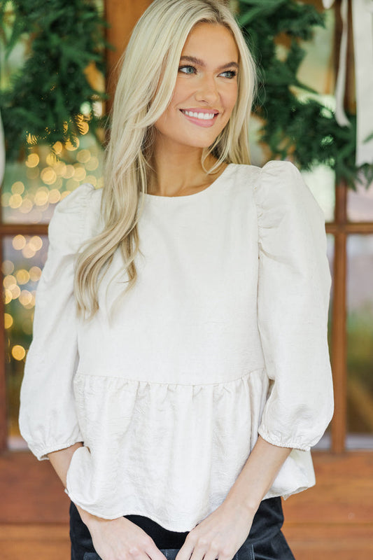 Hadley White Texture Puff Sleeve Peplum Blouse