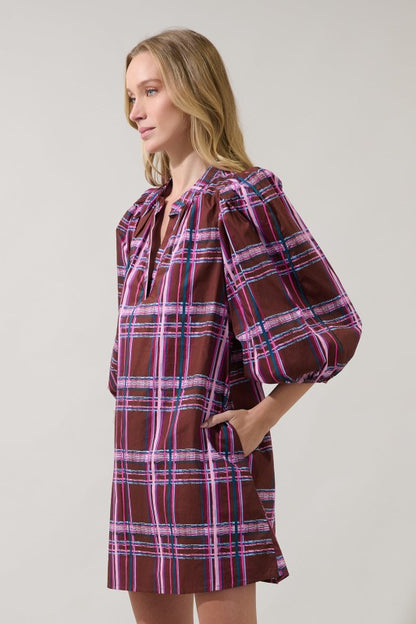 Victoria Shift Split Neck Mini Dress Plaid