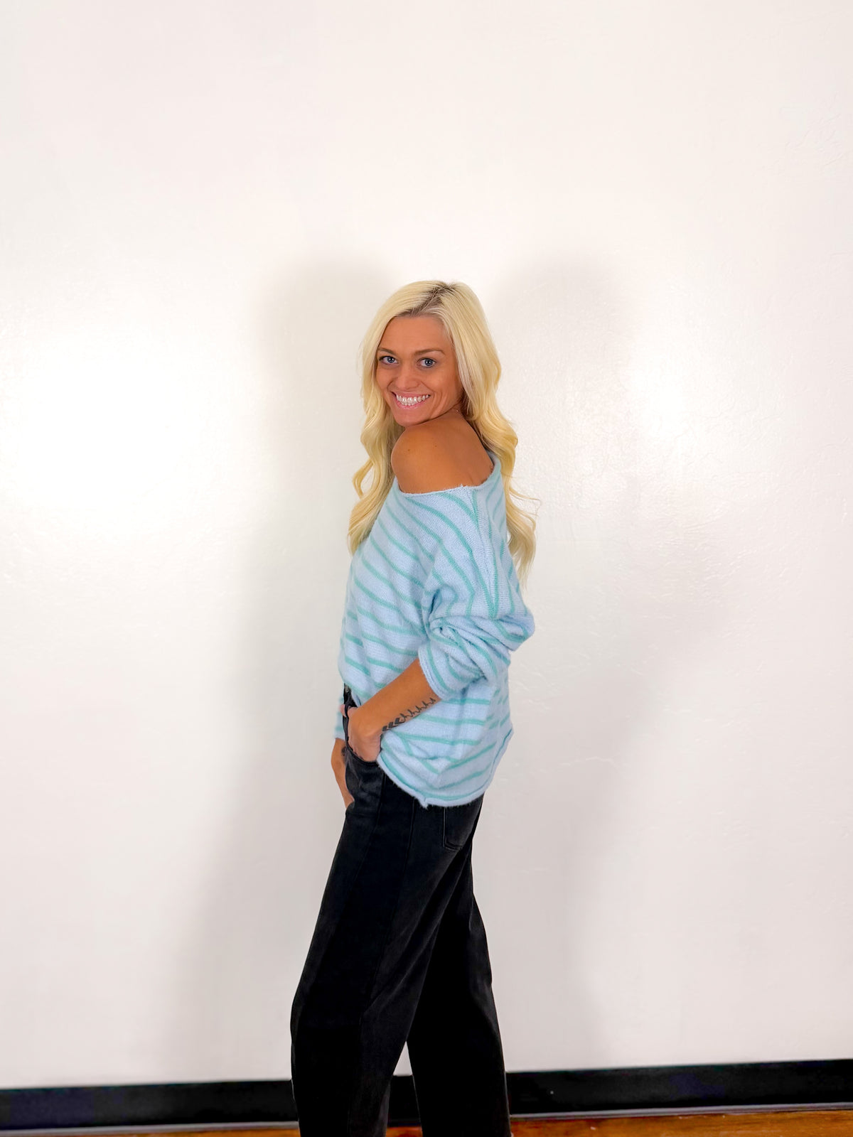 Sea Glass Stripe Off Shoulder Sweater - Milo & Lily Boutique